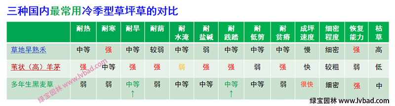 常用冷季型草坪生長(zhǎng)特性對(duì)比